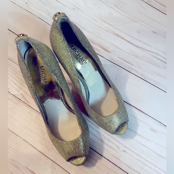 Michael Kors York Evening Platform Open Toe Pumps Heels Gold Glitter - Picture 4 of 8